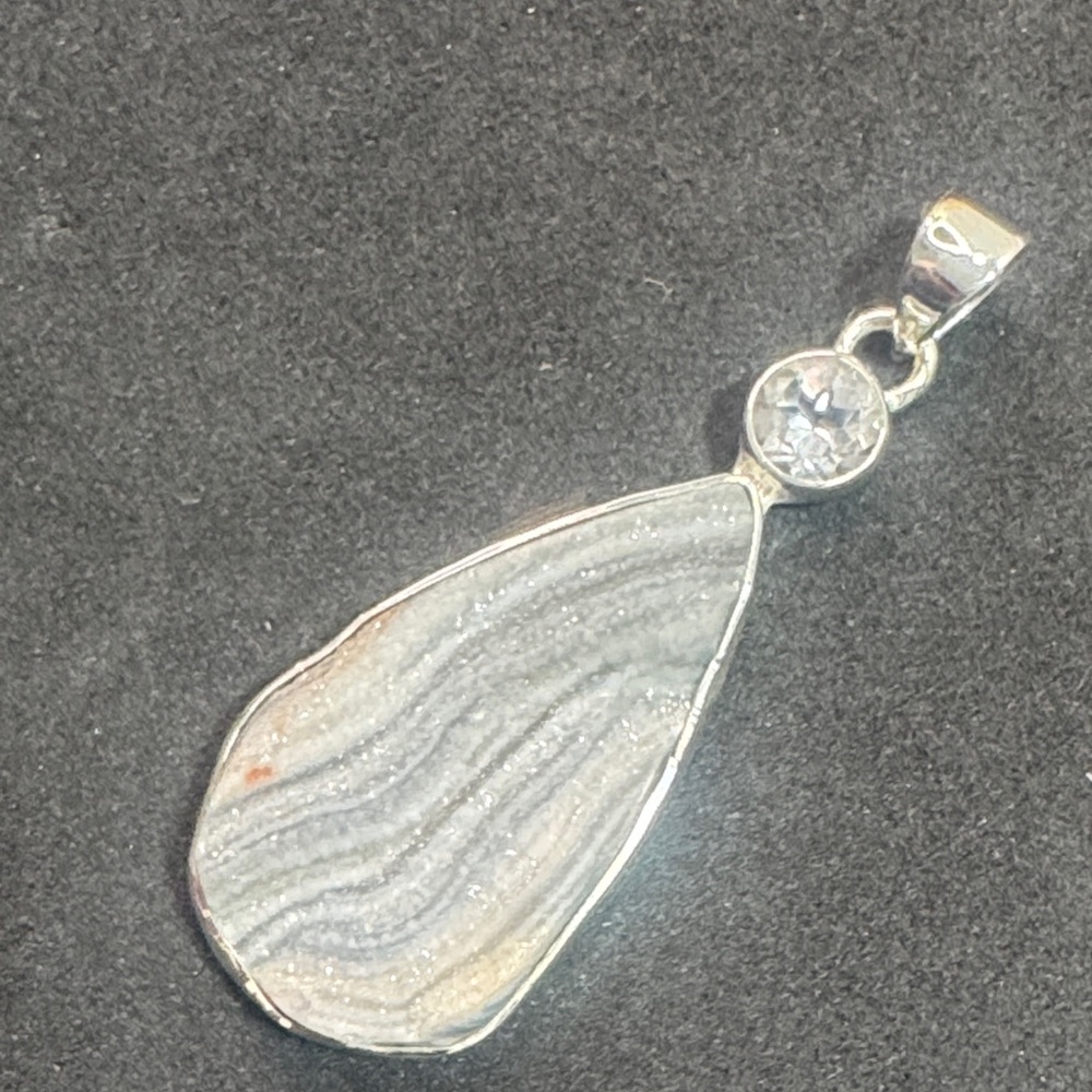 Sterling Silver Gray Druzy Teardrop Pendant with Crystal Accent